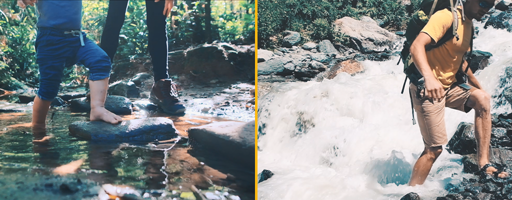 Side-by-side images of child walking in river and a man walking in river