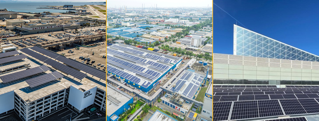 Collage of REC solar panel installations at SFO airport, Tiger Beer brewery in Singapore, and Telefonica hub in Spain